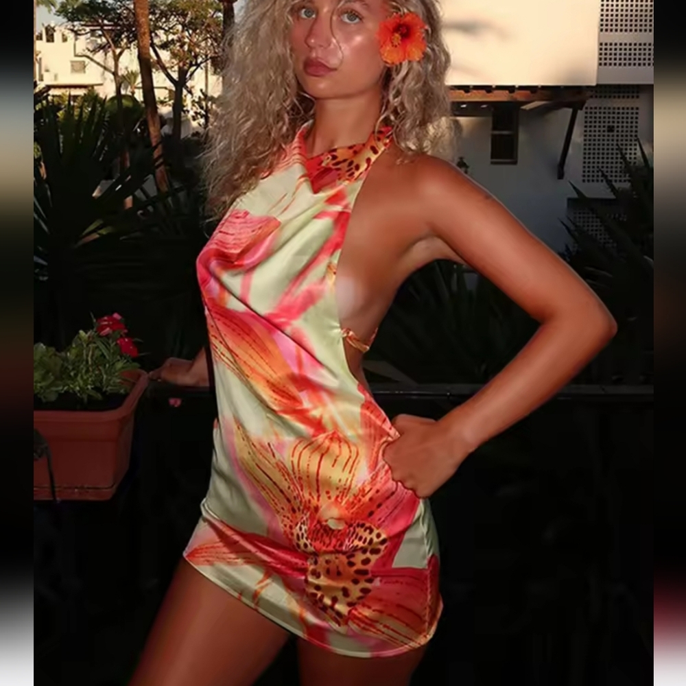 Halter Floral Mini Dress in Coral and Cream